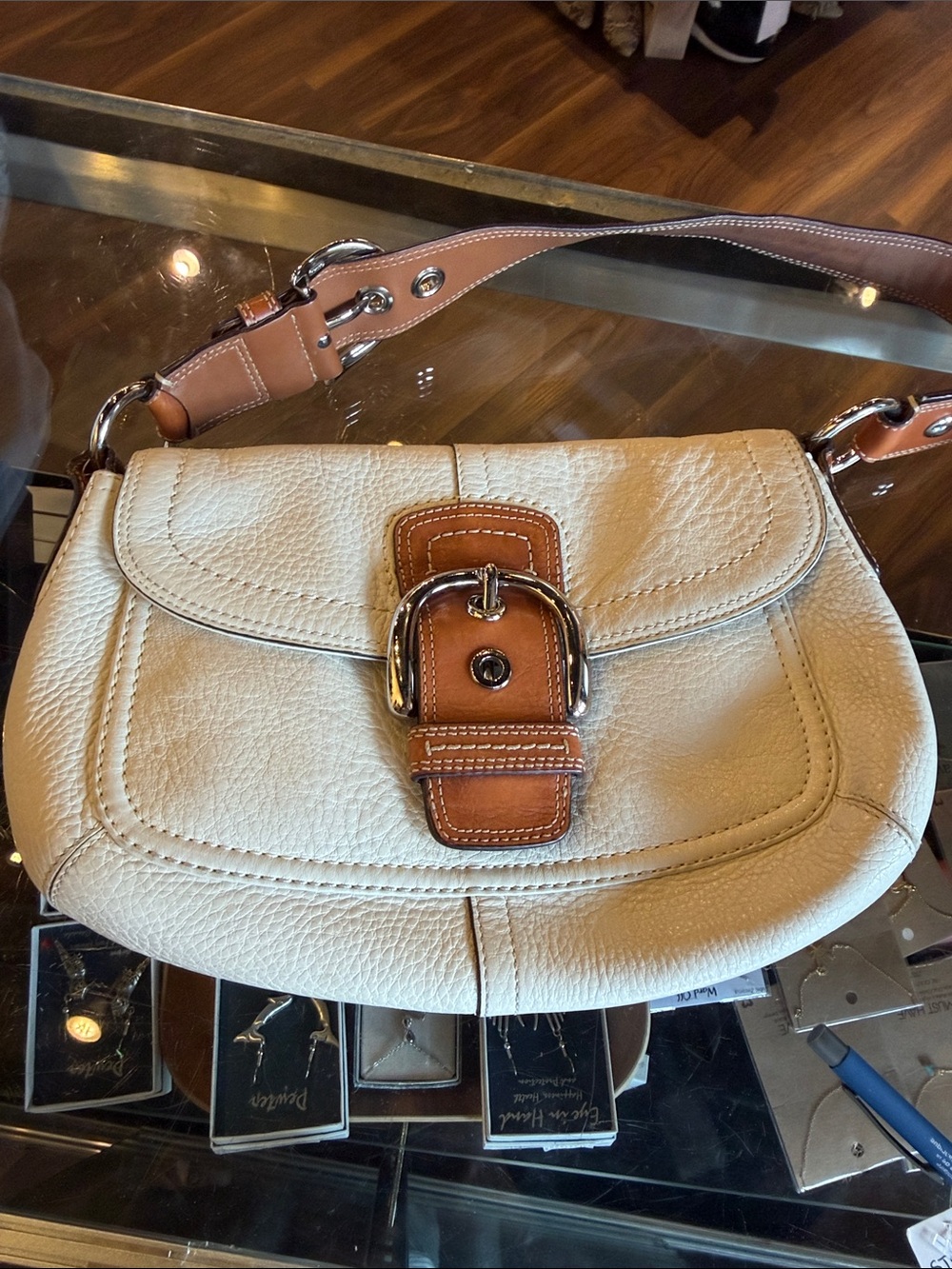 Coach Cream Leather Shoulder Bag with Tan Buckle